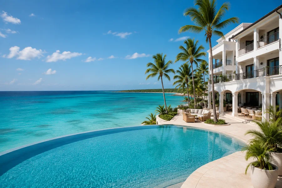 Illustrative oceanfront resort with a pool and palm trees